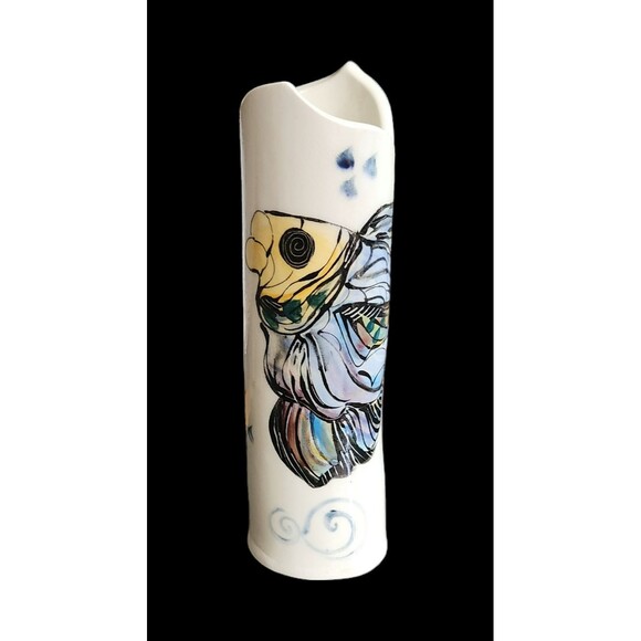 Hand Painted Vase Whimsical Fish by Nancy Rasch Salamon Clay Born Pottery - Picture 1 of 9